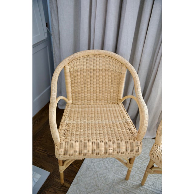 Boho Chic Kathy Kuo Natural Rattan Scalloped Dining Arm Chair Set of 2 For Sale - Image 3 of 7