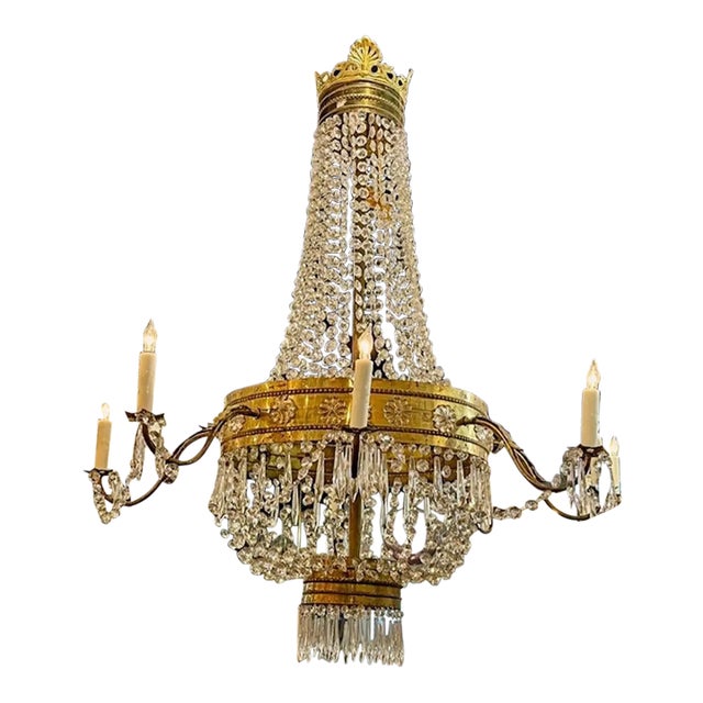 19th C. French Empire Bronze and Crystal Basket Chandelier For Sale