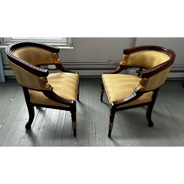 1950s Antique Pair of Art Nouveau Egyptian Revival Carved Wood and Gilt Statement Chairs For Sale - Image 5 of 10