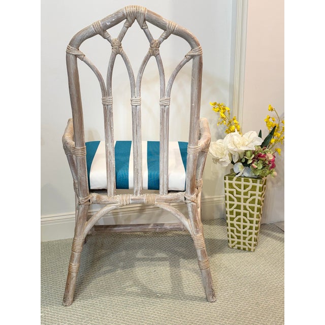 4 Refurbished Henry Link Cathedral Rattan Bamboo Arm Chairs. Professionally Upholstered in Teal and White Striped Sunbrella Outdoor Fabric For Sale - Image 10 of 12