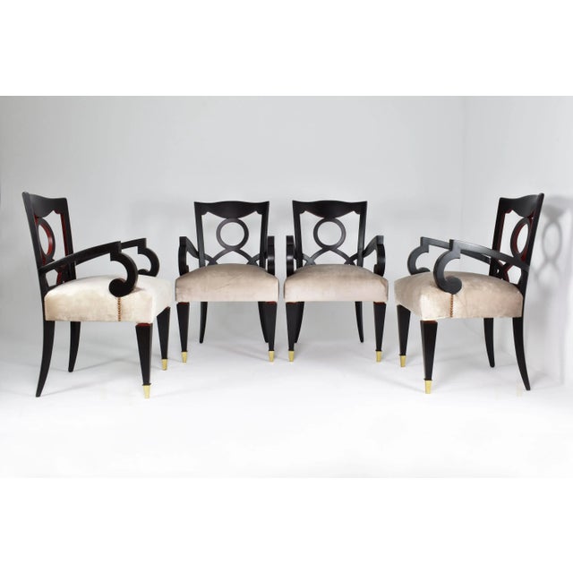 Sculptural Italian dining armchairs with geometric backrests, restored and reupholstered in a refined grey velvet with...