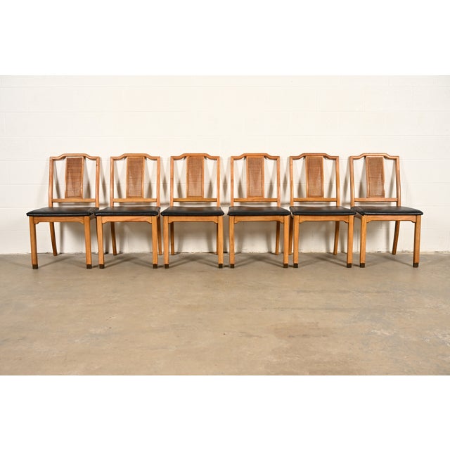 Mid-Century Modern Henredon Style Mid-Century Hollywood Regency Carved Walnut and Cane Dining Chairs, Set of Six For Sale - Image 3 of 15