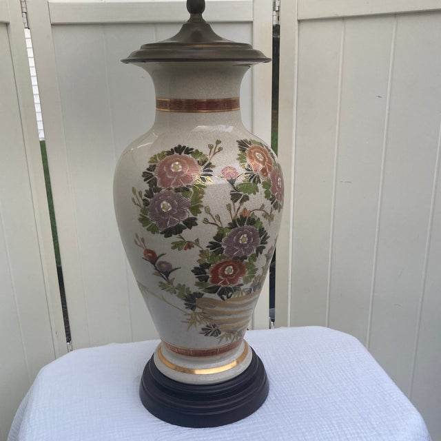 Vintage 35" Japanese Satsuma Style Ceramic and Brass Table Lamp With Tailor Made Shade For Sale - Image 4 of 12