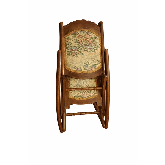 Antique Wooden Folding Rocking Chair with Floral Upholstery, 1920s For Sale - Image 4 of 6
