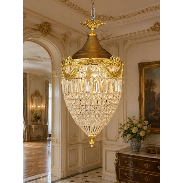 1980 French Louis XVI Gold Bronze Crystal Lanterns Pair For Sale - Image 4 of 12