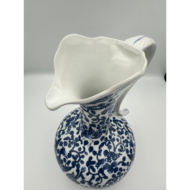 Blue Vintage Chinoiserie Blue & White Porcelain Ewer – Hand Painted Birds & Florals For Sale - Image 8 of 10