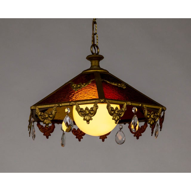 Modern Mid 20th Century Paneled Amber Glass Pendant Light With Crystal Accents For Sale - Image 3 of 13