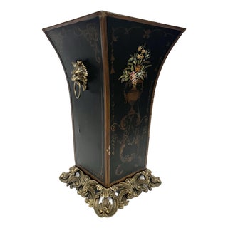 Vintage Chelsea House Hand-Painted Umbrella Stand — Black & Gold Regency Style For Sale