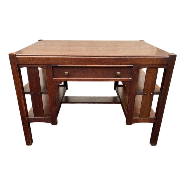 Early 1900s Limberts Quartersawn Oak Arts & Crafts Desk With Side Bookshelves For Sale
