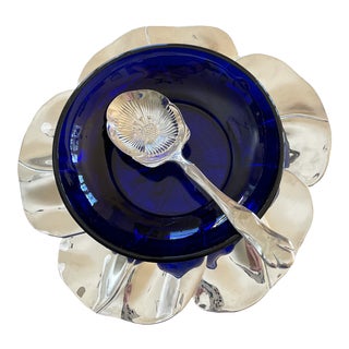 Vintage Floral Shape Tray & Spoon With Blue Glass Dish- 3 Pieces For Sale