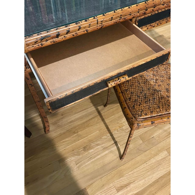 Vintage British Colonial Style Faux Bamboo Tortoise Finish Writing Desk With Matching Chair For Sale - Image 10 of 12