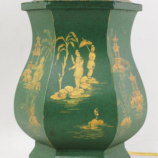 Vintage Green and Gold Hand Painted Tole Scalloped Hexagon Table Lamp Chinoiserie Temple Shape Pagoda Scene For Sale - Image 11 of 15