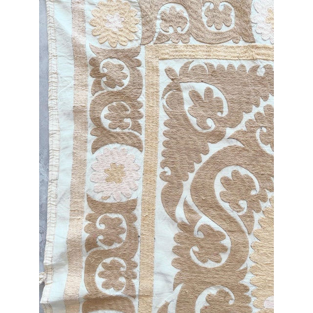 Textile Suzani Embroidered Wall Hanging - Neutral Tan Asian Embroidery For Sale - Image 7 of 9