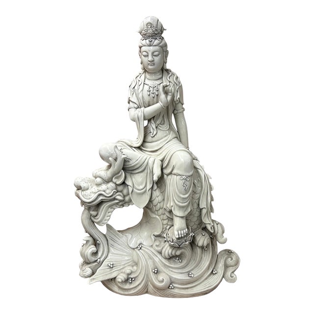 Chinese Handcrafted GuanYin Bodhisattva on Dragon White Porcelain Statue For Sale