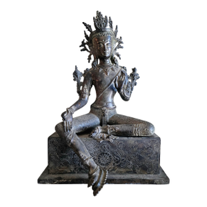 19th Century Nepalese Bronze Green Tara Seated Bodhisattva, 13.25” Pedestal Base