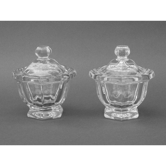 Pair of Baccarat Crystal Covered Compotes, hexagonal form, acid-etched mark to underside. 5.5" H x 5" Diameter....