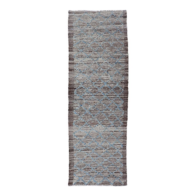 Modern Runner in All-Over Design in Cream, Sky Blue Color on a Brown Background For Sale