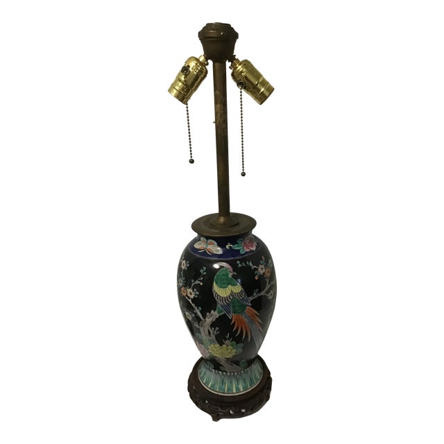 Antique Asian HandPaint Bird Lamp Double Socket For Sale