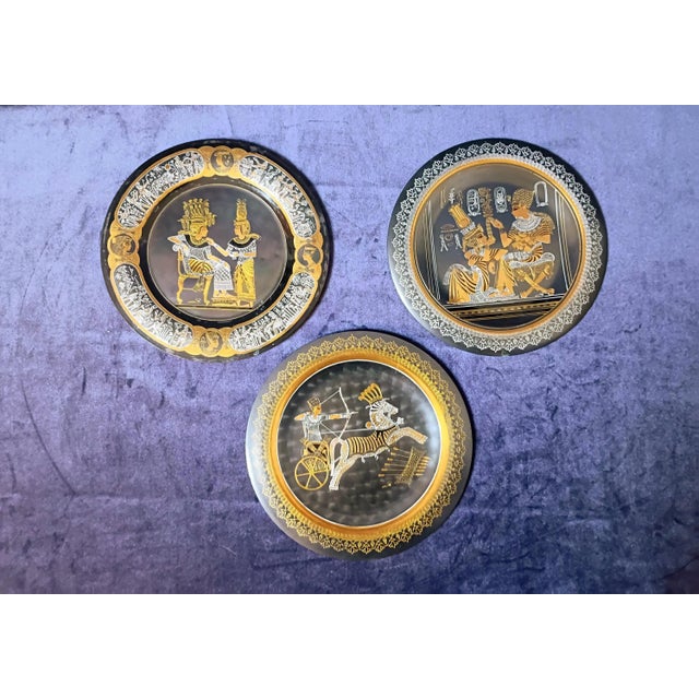 Art Deco Egyptian Revival Wall Art Set of 3 Brass Plates Egypt Hieroglyphics African Ancient Civilization Decor Dark Academia Library For Sale In Savannah - Image 6 of 7