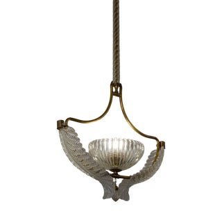 Vintage Italian Art Deco Brass Chandelier with Glass Leaves attributed to Ercole Barovier for Barovier&Toso, 1940s For Sale