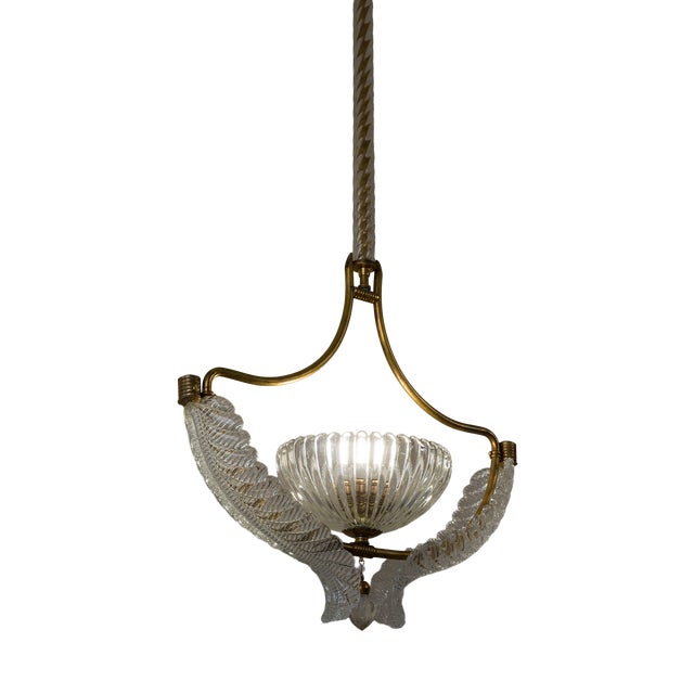 Vintage Italian Art Deco Brass Chandelier with Glass Leaves attributed to Ercole Barovier for Barovier&Toso, 1940s For Sale