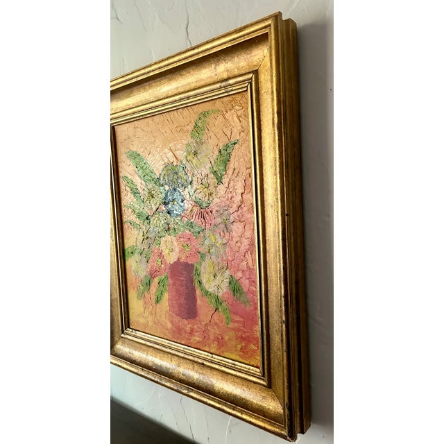 Postmodern 1970’s Boho Hollywood Regency Chic Original Red , Gold, and Blue Floral Painting, Framed For Sale - Image 3 of 12