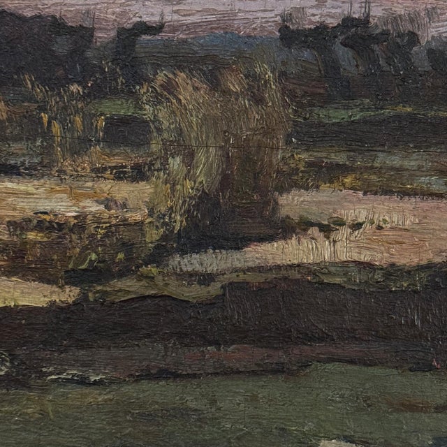Antique European Oil Painting on Panel, Landscape With Pond and Thatched Farmhouse For Sale - Image 10 of 15