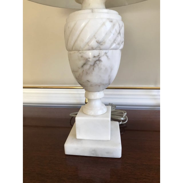 1930’s Antique 26” Solid White Marble Table Lamp includes a White silk shade and Crystal Finial.