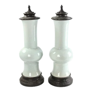 Early 20th Century Chinese Celadon Gu Shaped Porcelain Vases with Metal Covers and Bases - A Pair