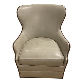 Lee Industries Gray Leather Wingback Swivel Armchair With Nailhead Trim For Sale
