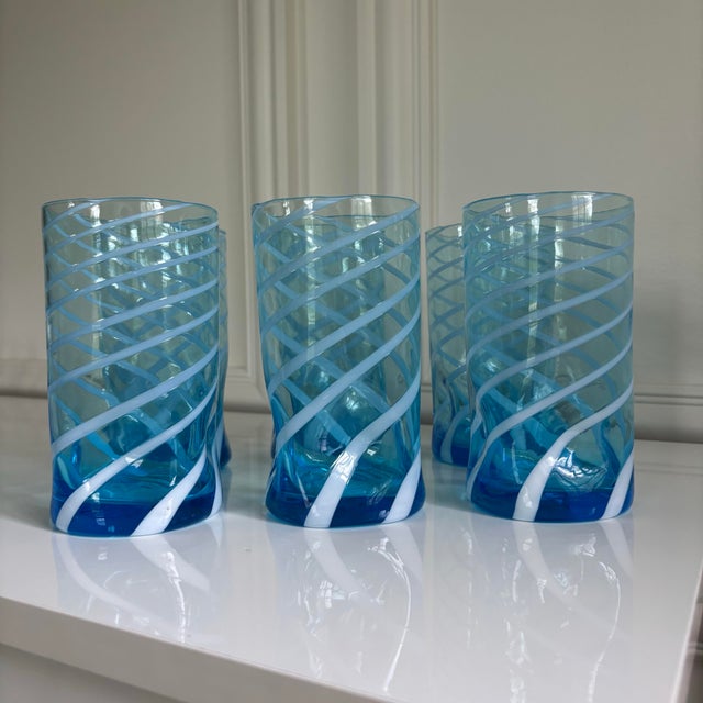 Contemporary Blue Lagoon Swirl Italian Murano Glass Tumblers - Set of 6 For Sale - Image 3 of 5