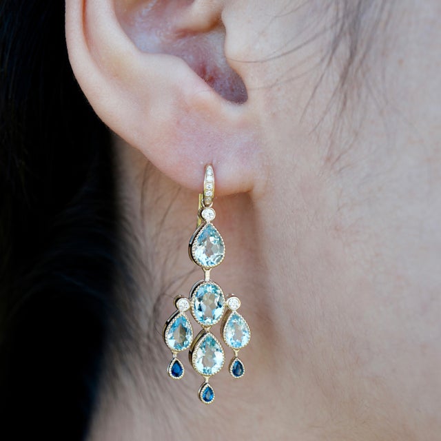 Nina Zhou Jewelry Nina Zhou Aquamarine Sapphire Diamond Chandelier Drop Earrings in 14k Gold - A Pair For Sale - Image 4 of 4