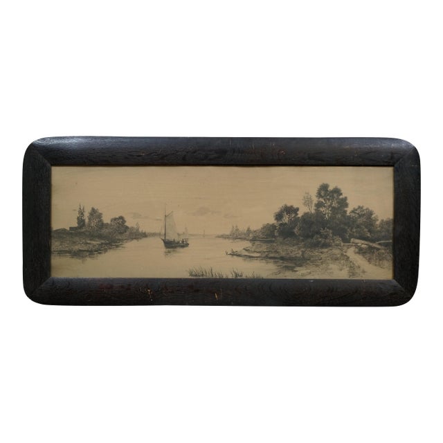 Antique George William Bohde Sailboat Fishing Seascape Etching 35" For Sale