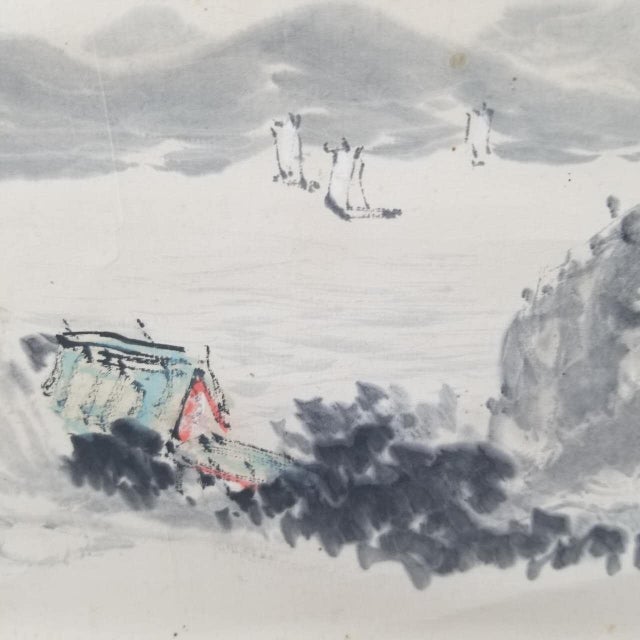 Vintage Japanese Hanging Scroll Ink Landscape With Mountains, Sea, and Sailing Boats For Sale - Image 12 of 13