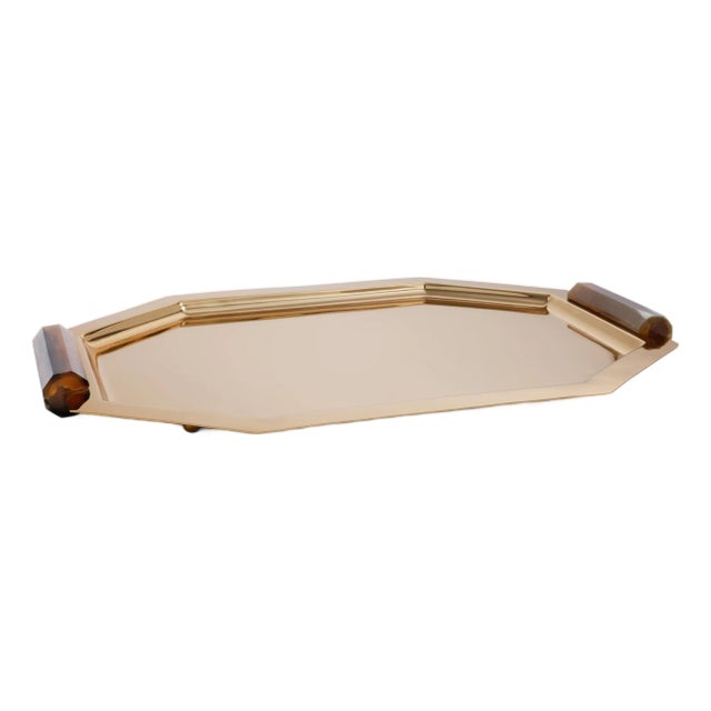 Polished Octagon Serving Trays with Horn Handles, Gold, Large For Sale