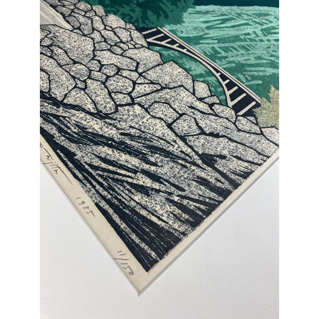 Black Fujita Fumio, Bridge in the Valley, 1985, Woodcut For Sale - Image 8 of 13
