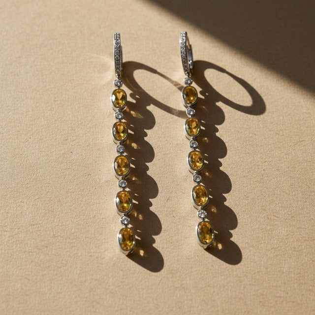 Citrine Huggie Drop Earrings, Silver, Gold, Pair For Sale - Image 9 of 9