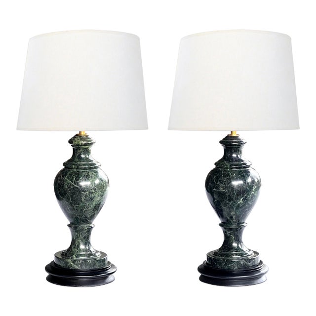 Pair Vintage Italian Baluster-Form Verde Antico Marble Lamps For Sale