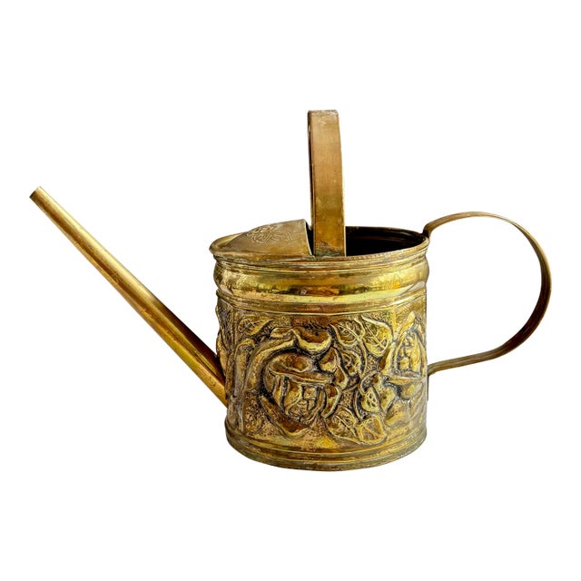 Vintage Embossed Brass Floral Watering Can With Roses For Sale