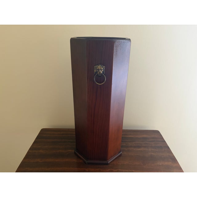 Mid-Century Octagonal Wood Umbrella Stand With Brass Lion-Head Ring Handles For Sale - Image 10 of 10