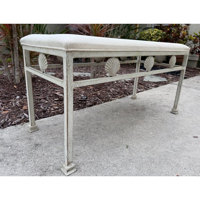 Vintage Palm Beach Scallop Shell Motif Upholstered Bench For Sale - Image 4 of 12