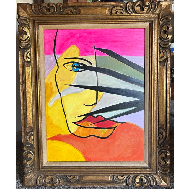 Contemporary abstract painting of a face by artist Alexandra Brown. Signed on the back. In vintage wood frame. Painting...