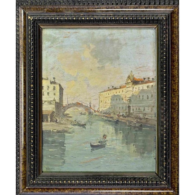 Alessandro Reati, Venetian Canal View with Gondolas at Dusk, 1860s, Oil on Panel, Framed For Sale - Image 4 of 4