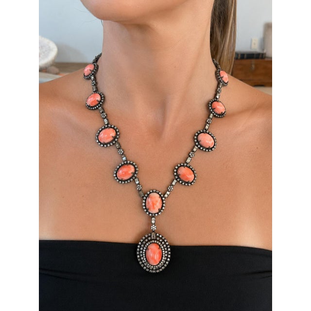 Indian Coral and Diamond Necklace in Oxidized Silver and 14k Gold, C. 1980 For Sale - Image 11 of 11