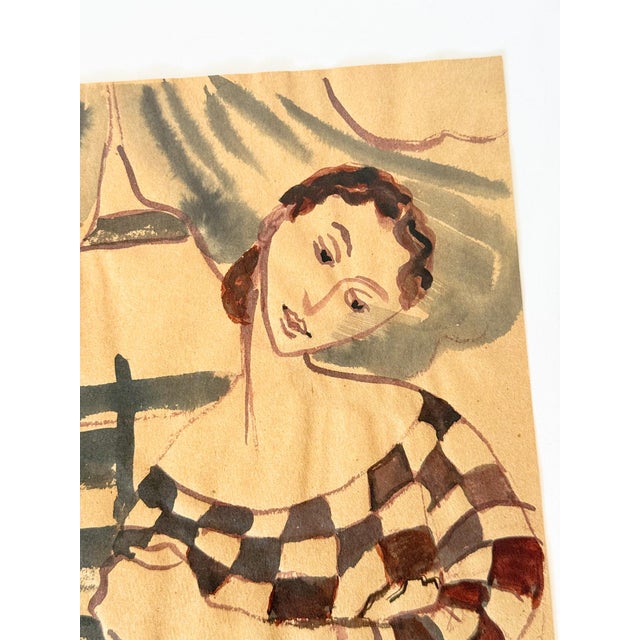 Portraiture Portrait of a Woman in Checkered Dress, Original Watercolor Sketch Signed Moore For Sale - Image 3 of 5