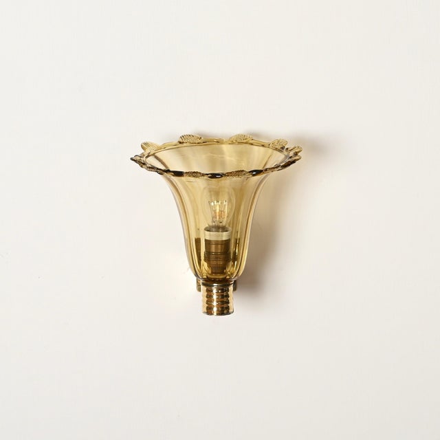 Metal Murano Glass and Brass Flower Sconces by Barovier, Italy, 1940s, Set of 2 For Sale - Image 7 of 16