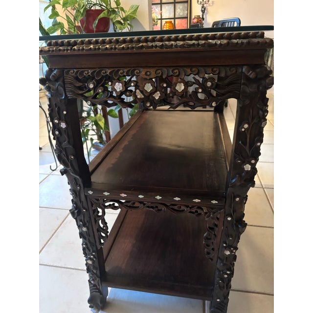 Antique Chinese Black Lacquer & Mother-of-Pearl Marble Top Tiered Table Late 19th Century | Qing Dynasty Influence For Sale - Image 11 of 12