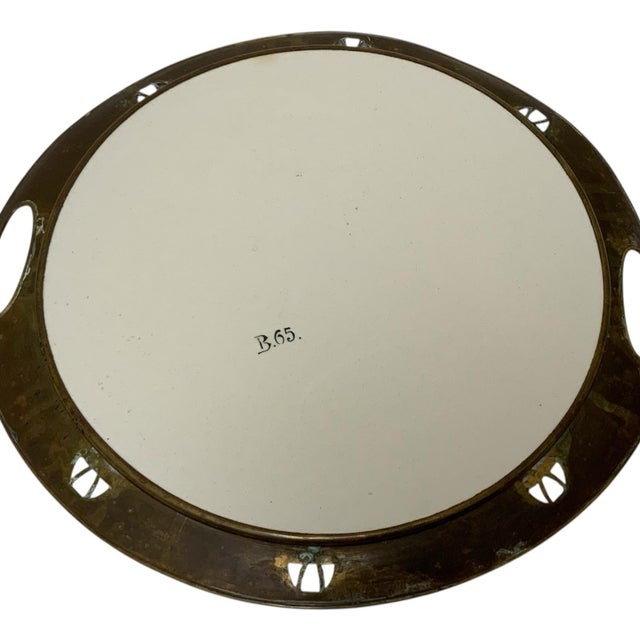1900 - 1909 Antique German Jugendstil Wächtersbach Attributed Ceramic & Pierced Brass Tray C. 1905-1920 For Sale - Image 5 of 9