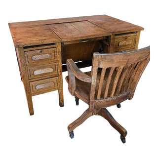Tiger Oak Typewriter Desk and Chair - Set of 2 For Sale