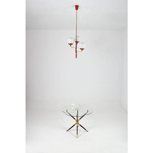 Mid-Century Modern 1950s Stilnovo-Style Pendant in Brass, Red Lacquer & Opaline Glass For Sale - Image 3 of 12
